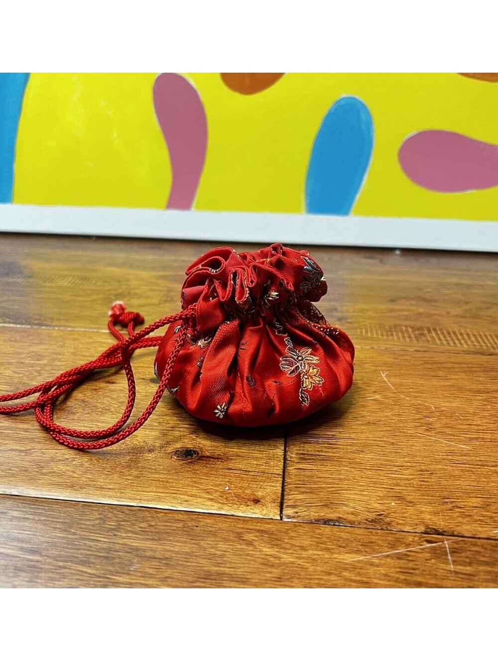 Vintage Red Silk Brocade Drawstring Jewelry Pouch Coin Purse Asian Pagoda Motif